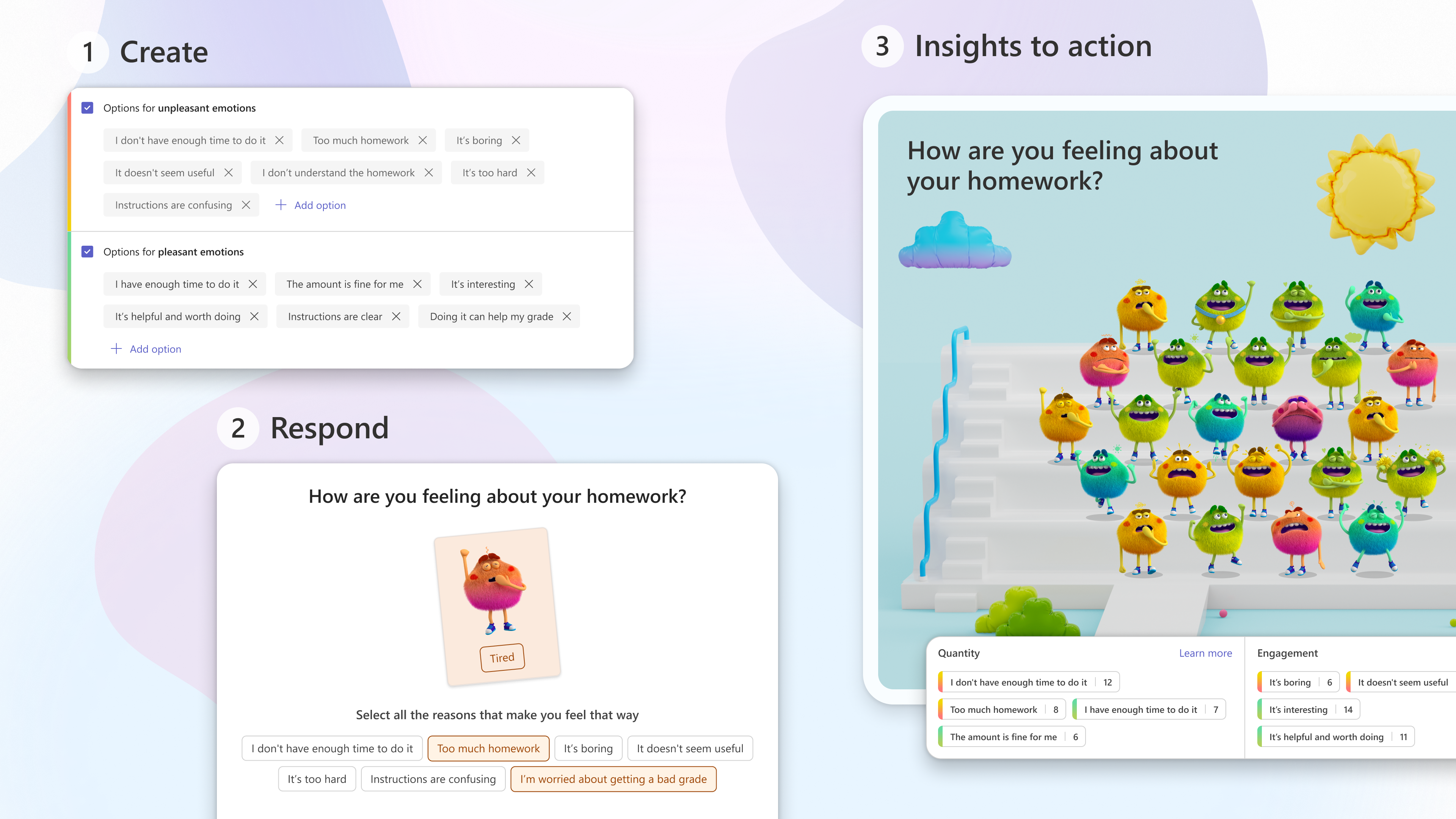 Three step diagram showing how to create, respond, analyze student check-ins from Microsoft Reflect.
