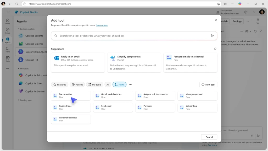 A screenshot of the "Add tool" screen in Copilot Studio, showing available agent flows to use