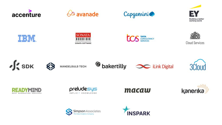 Image shows 18 different partner logos including Accenture, Capgemini, Avanade, IBM, Cloud Services, iLink Digital, Sonata, TCS TaTa Consultancy Services, SDK, Mandelbulb Technologies, Bakertilly, 3Cloud, ReadyMind, Macaw, PreludeSys, Kanerika, Simpson Associates, and InSpark.