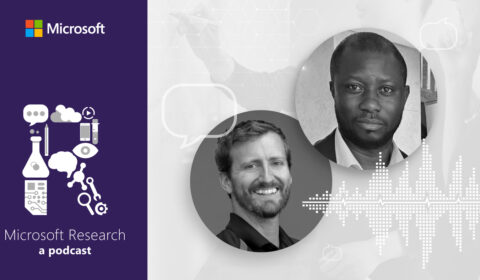 black and white photos of Dr. Spencer Fowers, a member of the Special Projects Technical Staff at Microsoft Research and Dr. Kwame Darko, a plastic surgeon in the reconstructive plastic surgery and burns center in Ghana’s Korle Bu Teaching Hospital, next to the Microsoft Research Podcast