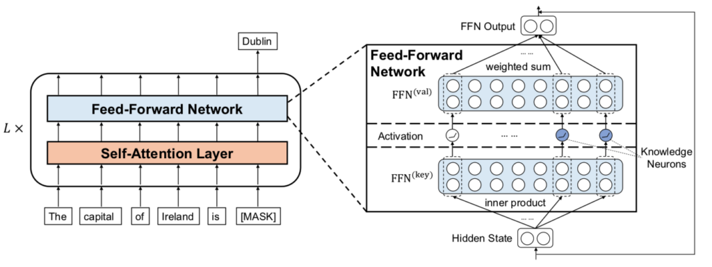 图3：研究员们把 FFN 模块类比为键-值记忆模块，而知识神经元存在于其中