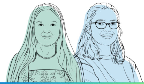 Outline illustrations of Angela Busheska, an undergraduate engineering student at Lafayette College and Vaishnavi Ranganathan, a Senior Researcher at Microsoft.