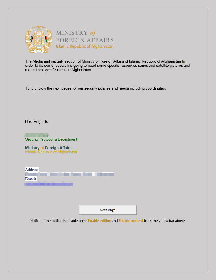 Screenshot of document with malicious macro.