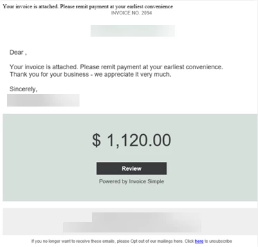 Screenshot of invoice-themed lure email