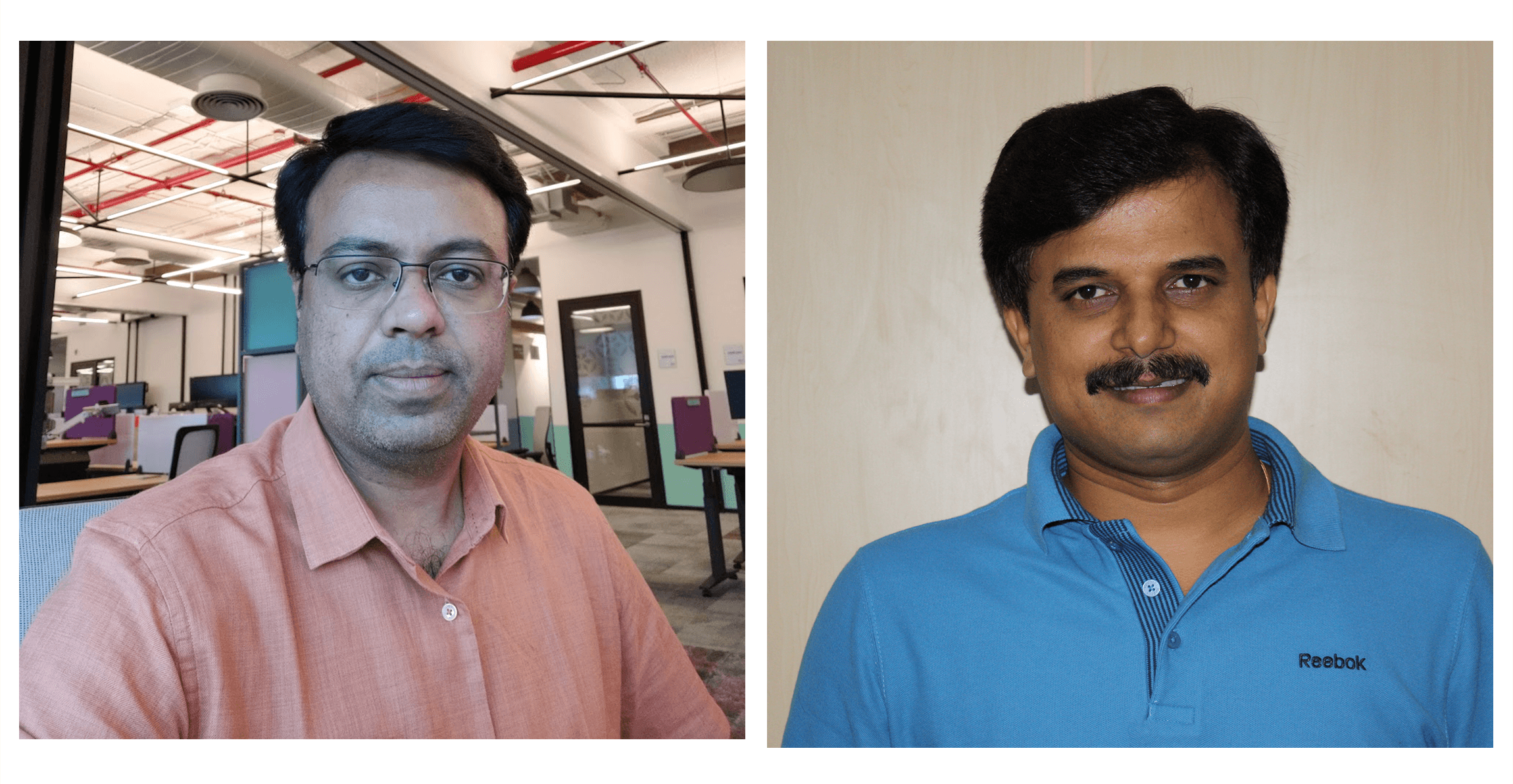 Satish Aradhya and Anand Meduri pose for separate photos, which have been stitched together into a collage.